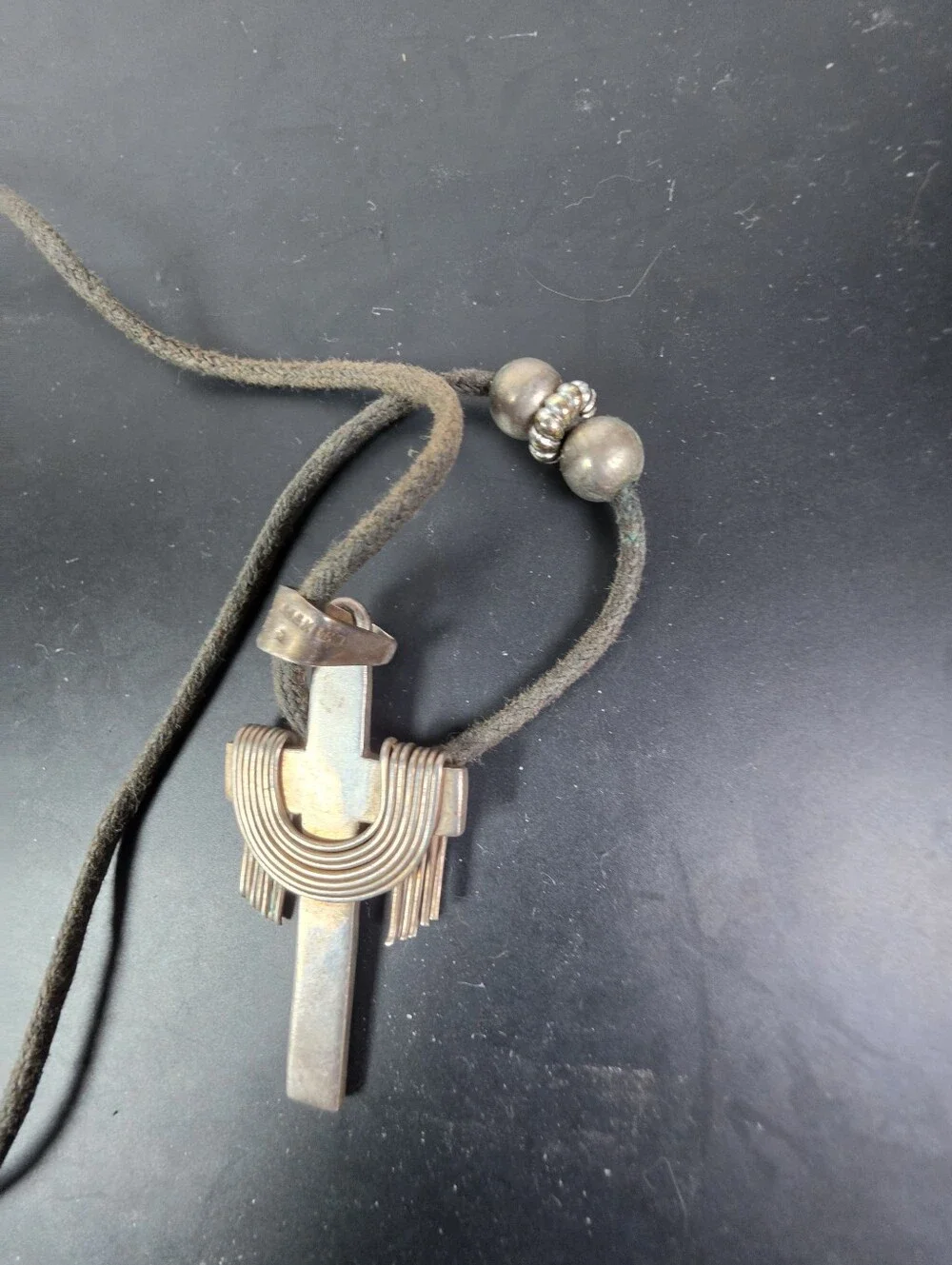 Vintage Sterling Silver Jesus Crucifix On Leather Cord
